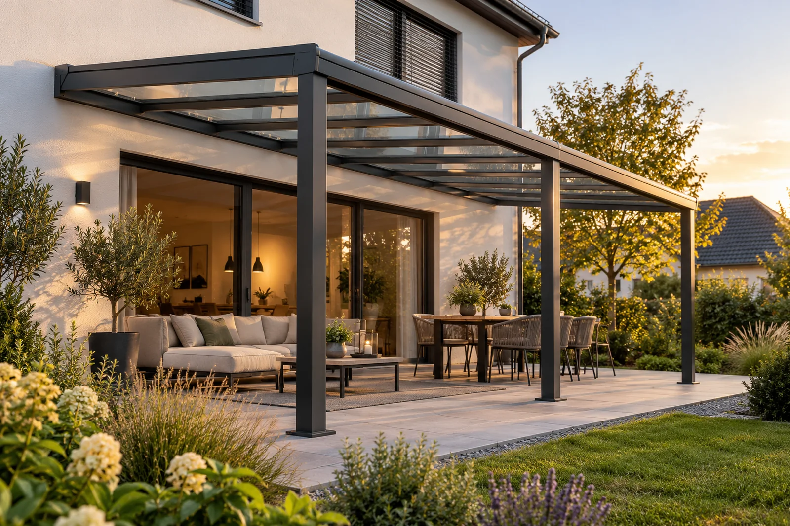 Aluminium-Terrassenüberdachung mit transparentem Dach und zwei vorderen Stützen