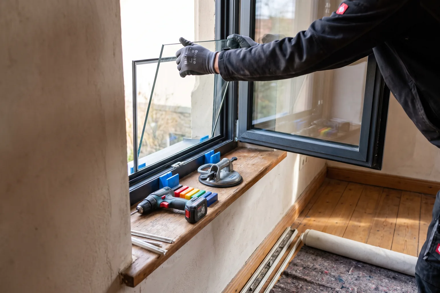 Handwerker beim Einsetzen einer Isolierglasscheibe in einen Fensterrahmen